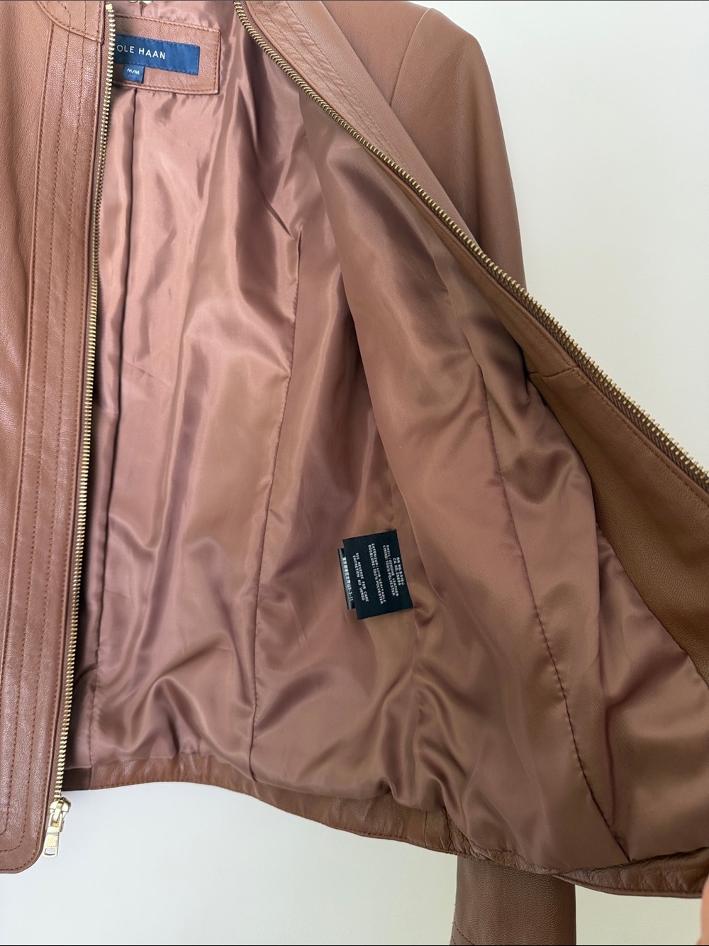 Cole Haan Japan Brown Genuine Leather Moto Jacket Gold Hardware Size M NWOT - Picture 3 of 16